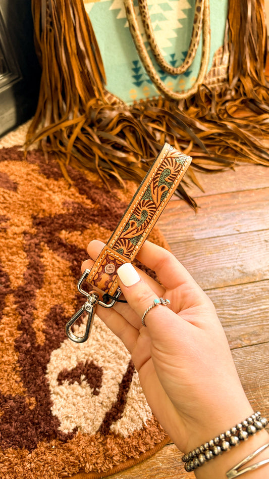 LEATHER TOOLED & COWHIDE KEY FOB - STYLE 2