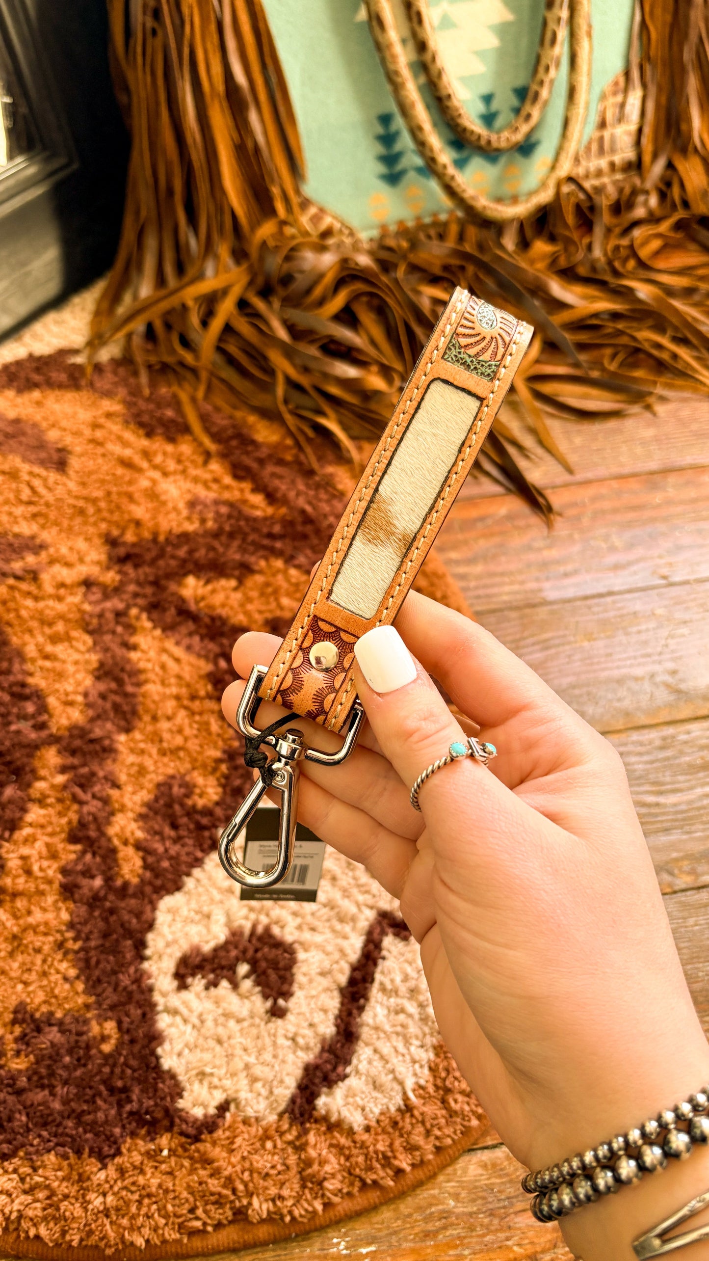 LEATHER TOOLED & COWHIDE KEY FOB - STYLE 2