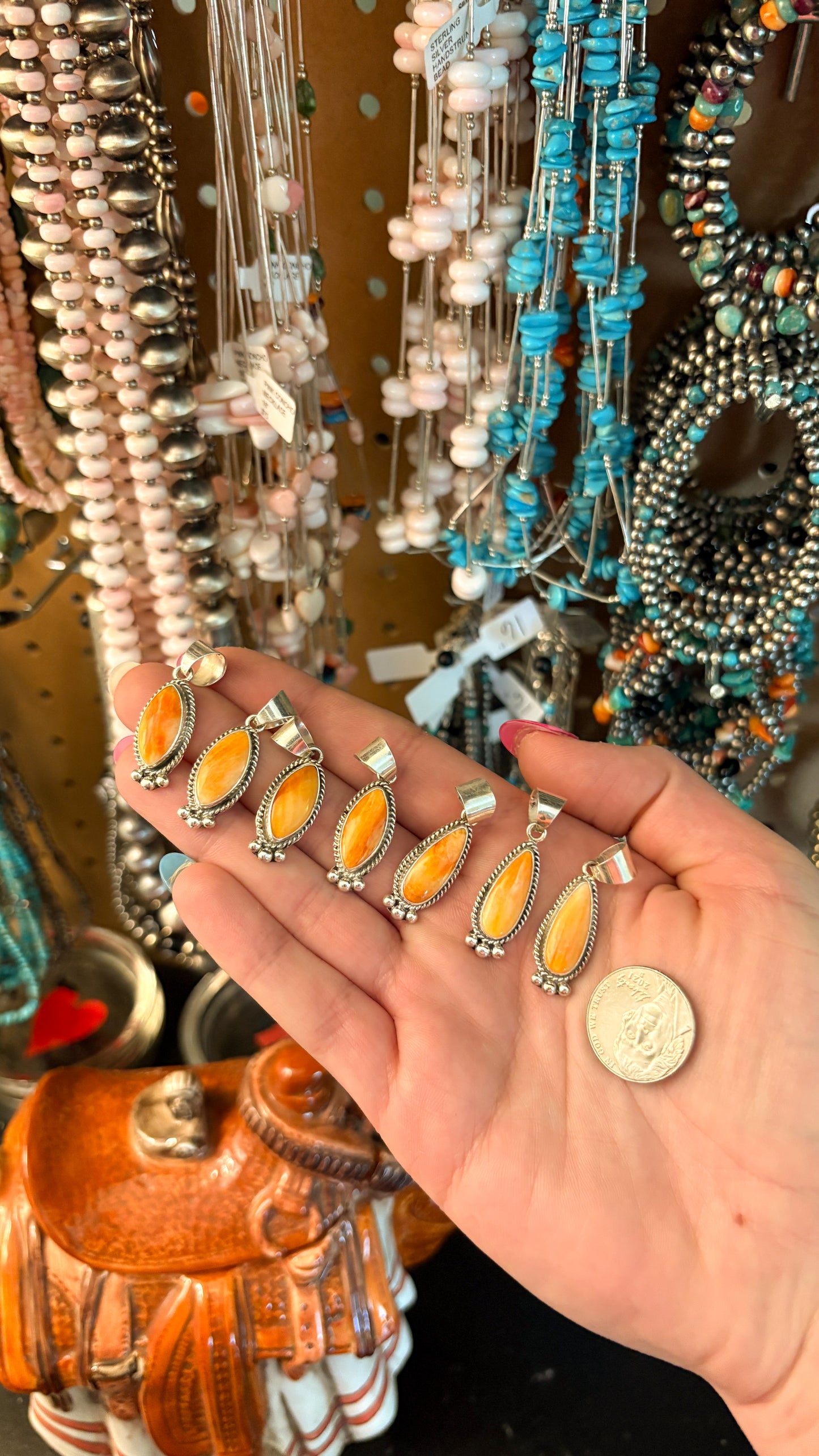 TEARDROP ORANGE SPINY OYSTER PENDANT W BALL DETAIL BY BRYON BEGAY