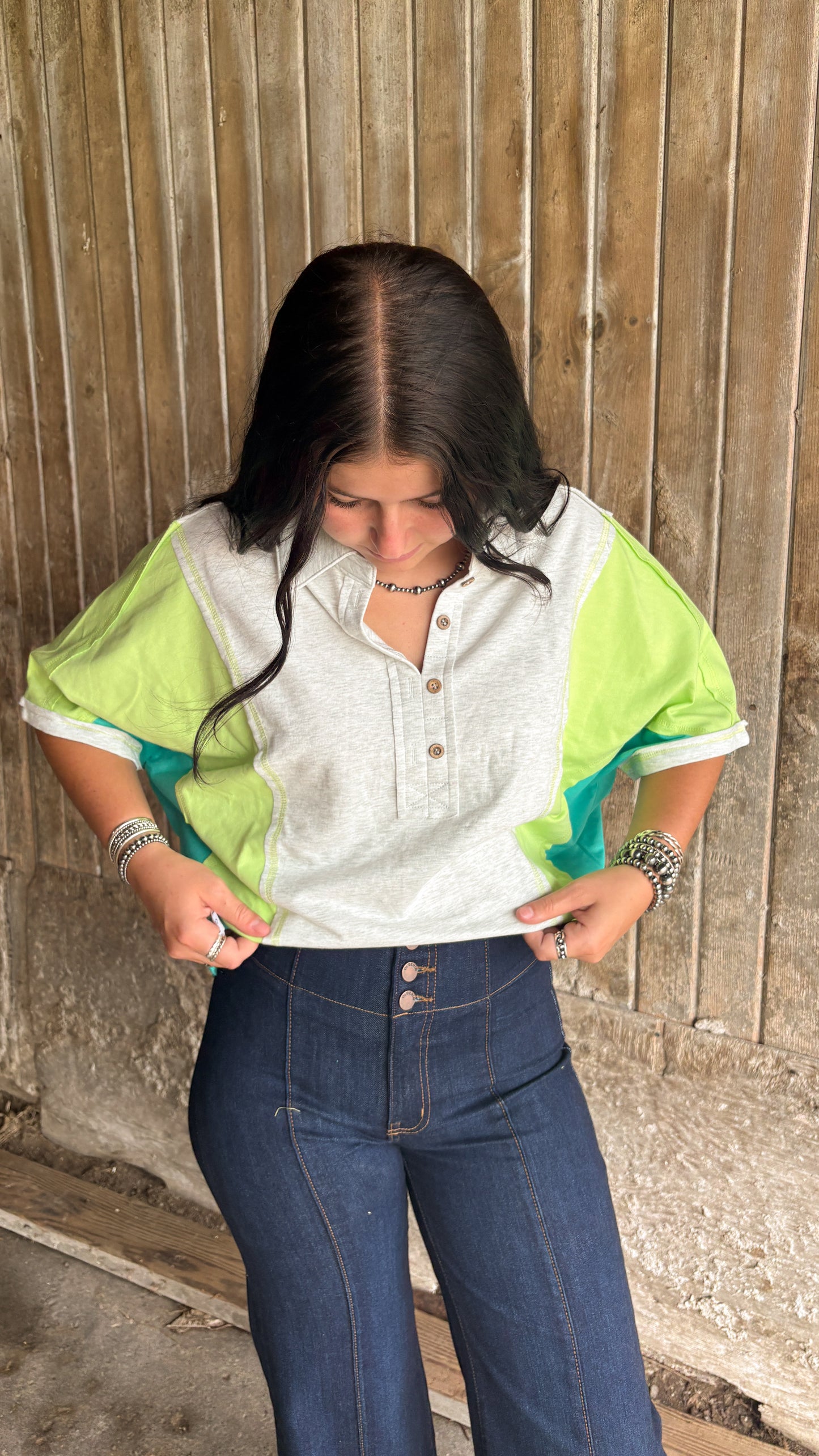 BLUE & GREEN COLLARED OVERSIZED TEE