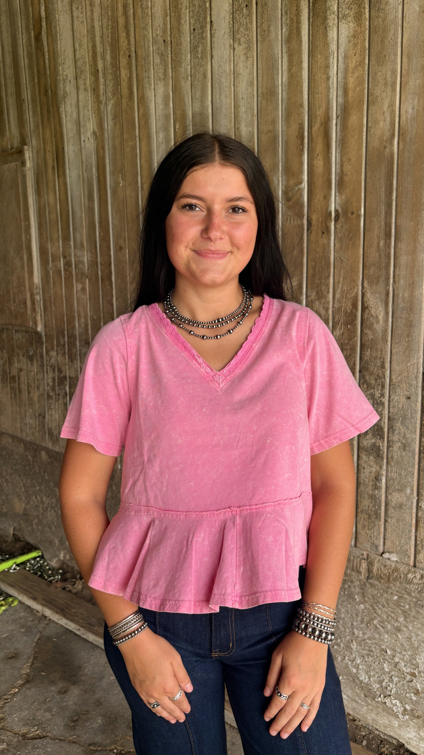 ACID WASH RUFFLE TOP - PINK