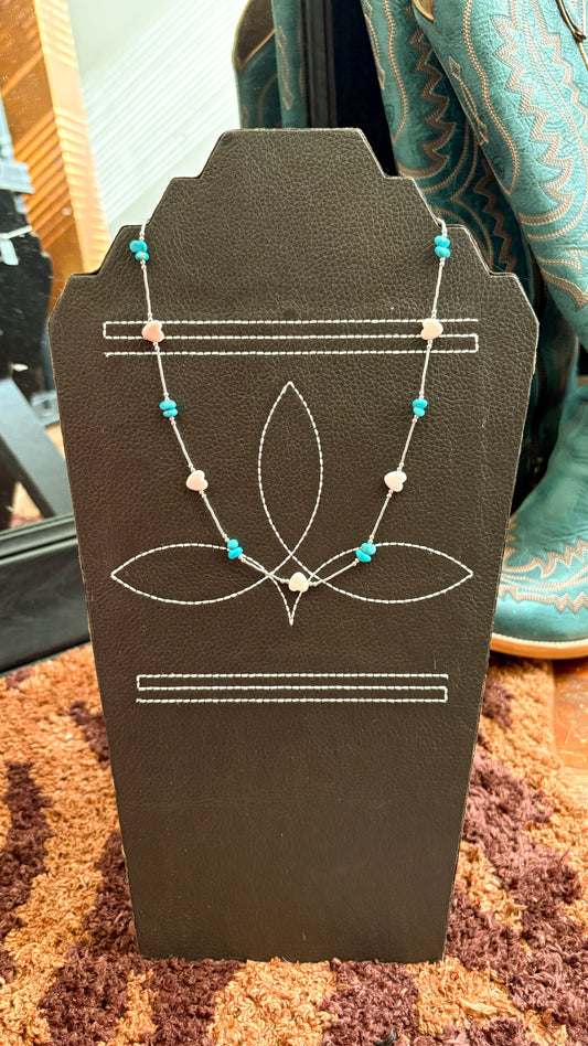 TURQUOISE & PINK CONCH HEART LIQUID SILVER NECKLACE