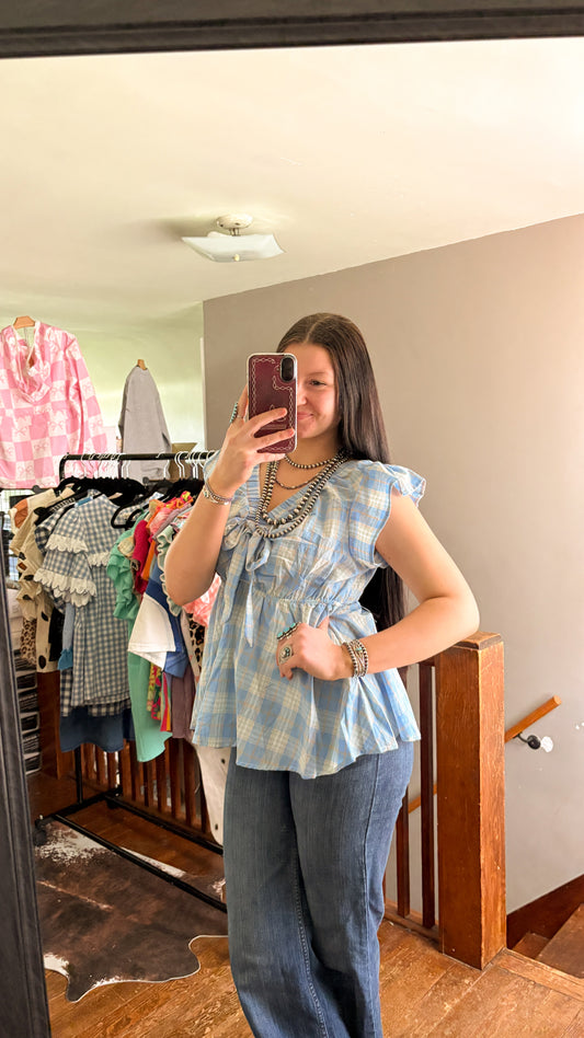 GINGHAM RUFFLE BOW TOP - BLUE