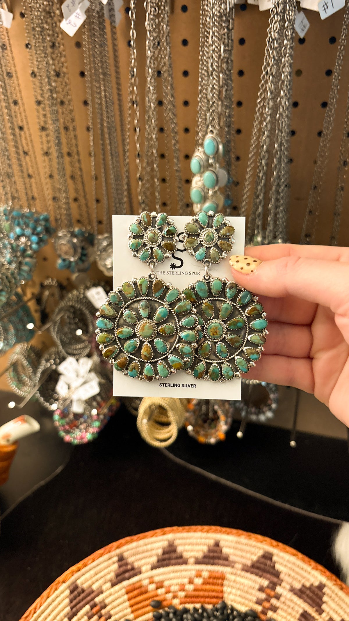 XL GREEN TURQUOISE CLUSTER DANGLE EARRINGS STAMPED DLW STERLING