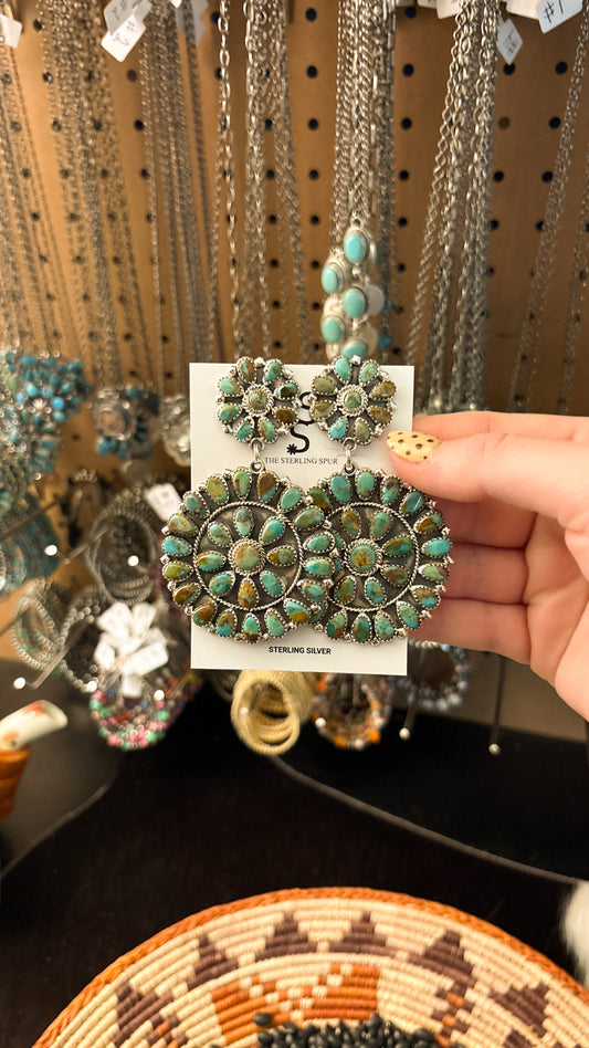 XL GREEN TURQUOISE CLUSTER DANGLE EARRINGS STAMPED DLW STERLING