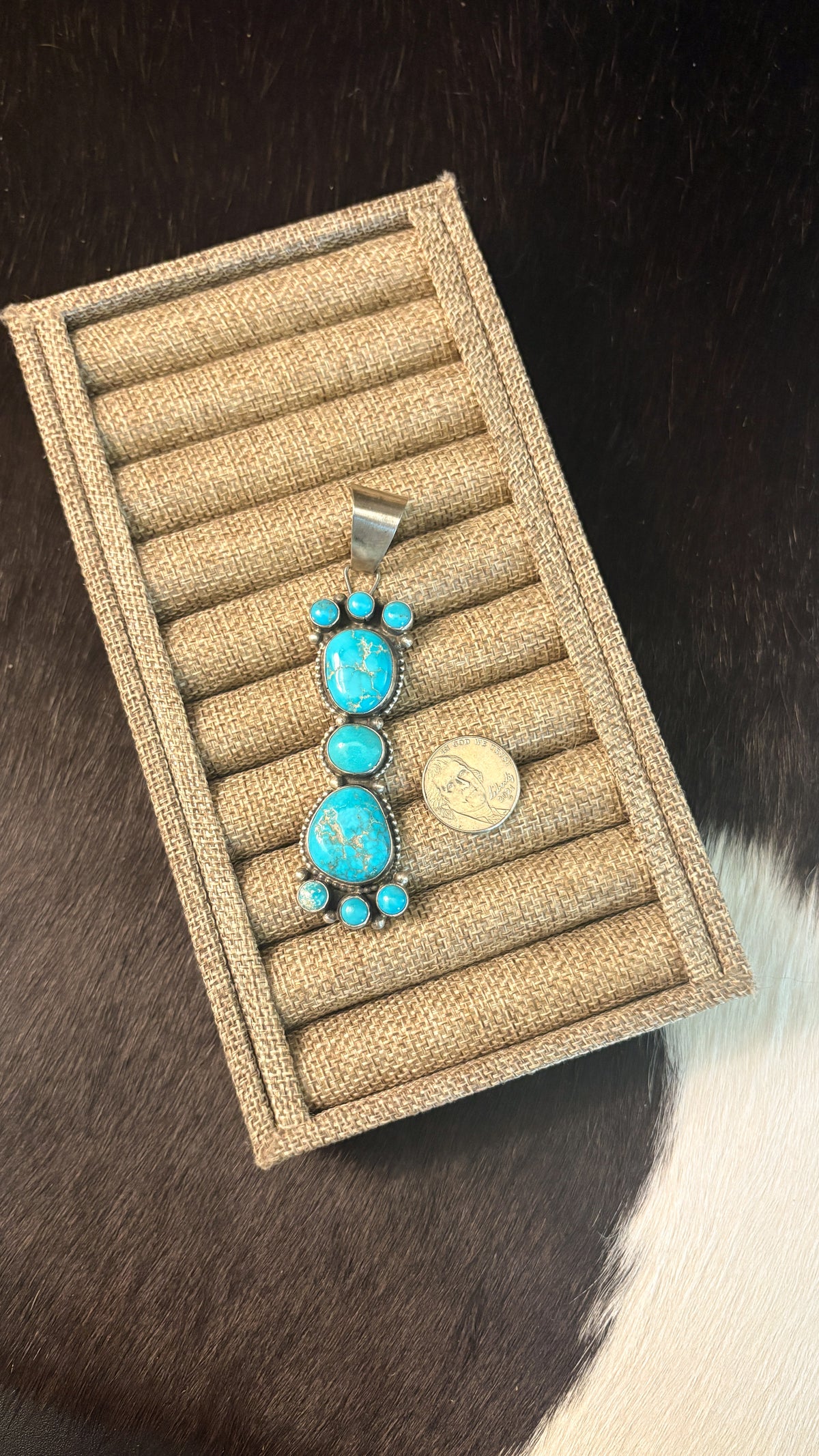 9 STONE TURQUOISE BAR PENDANT STAMPED SHEILA STERLING