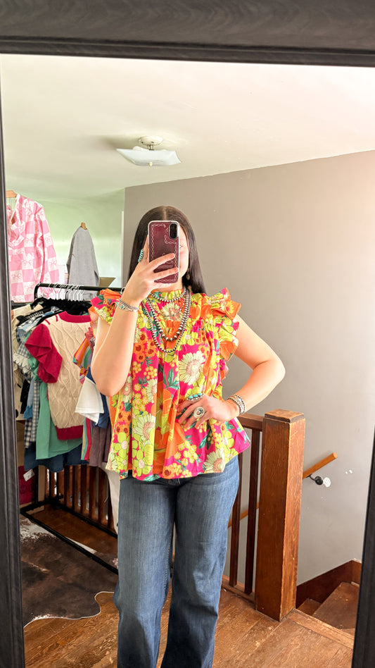 NEON FLORAL RUFFLE BLOUSE