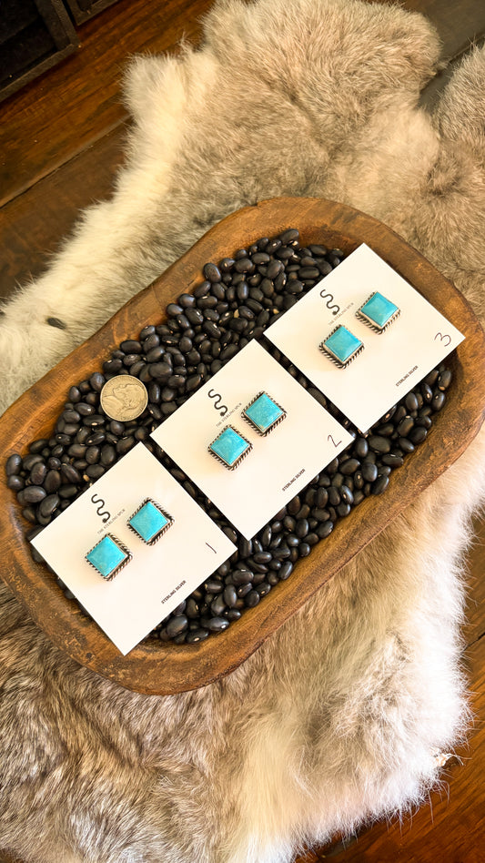 SQUARE KINGMAN TURQUOISE POST EARRINGS BY JUDITH DIXON