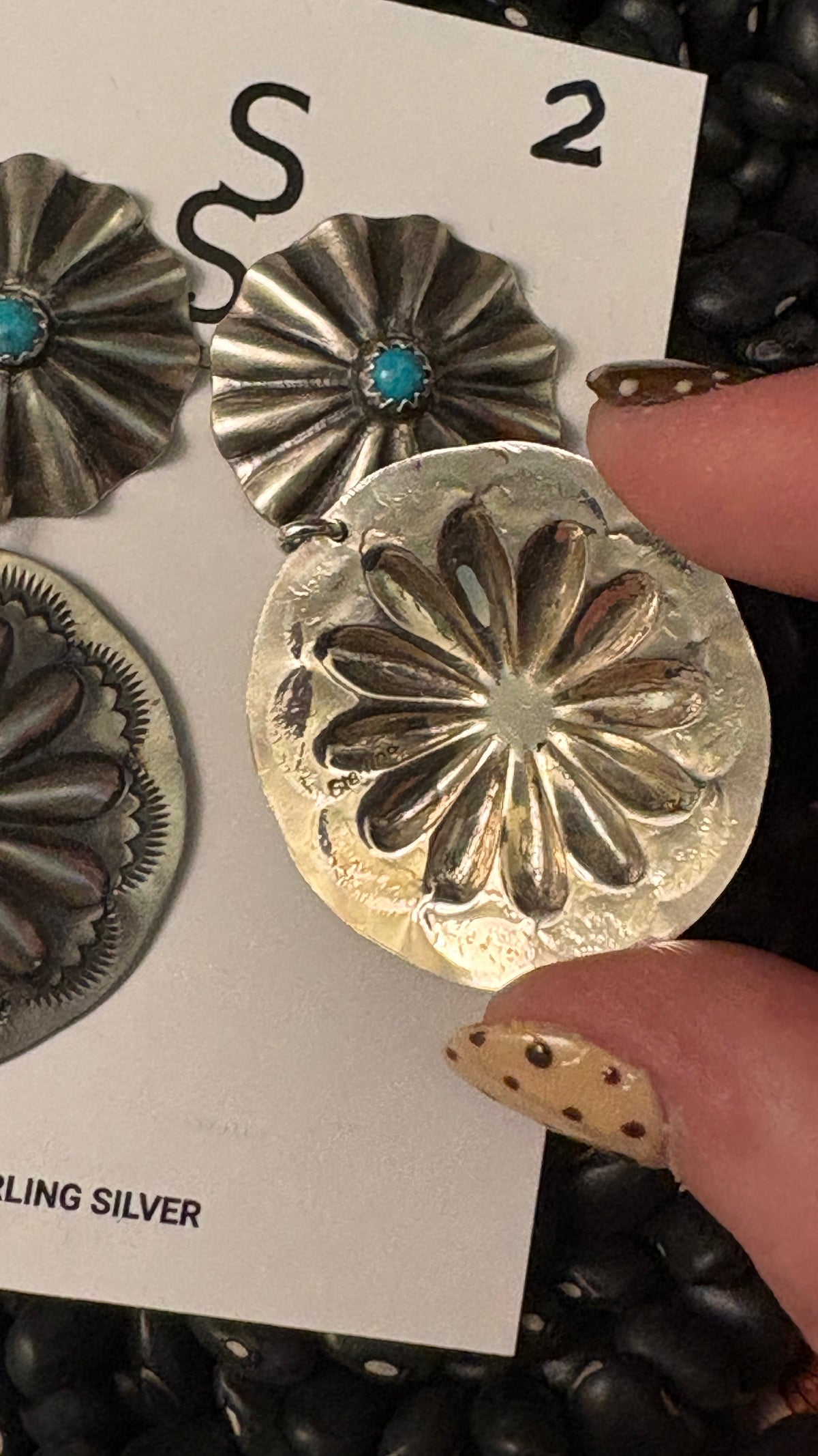 LARGE CONCHO DANGLE EARRINGS W TURQUOISE STONE