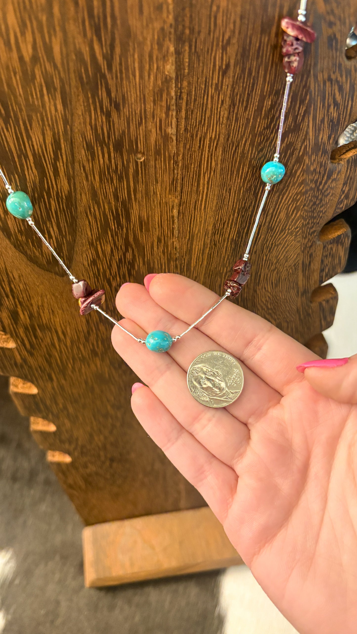 LIQUID SILVER KINGMAN TURQUOISE & PURPLE SPINY NECKLACE