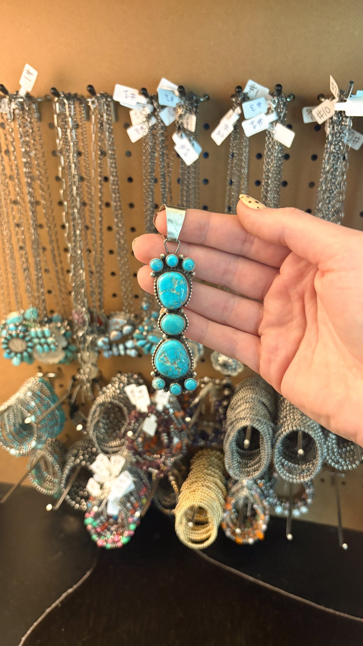 9 STONE TURQUOISE BAR PENDANT STAMPED SHEILA STERLING
