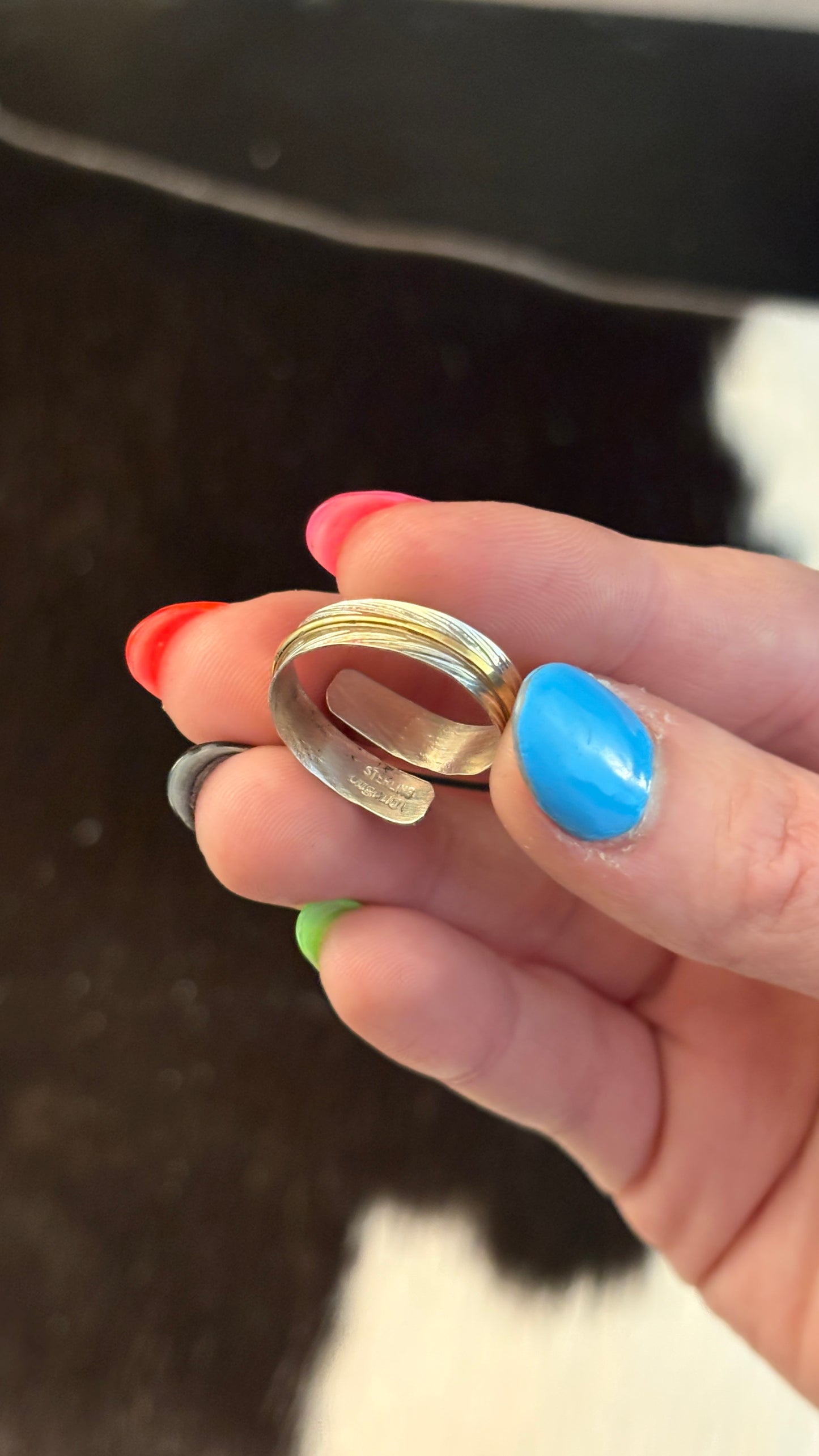 GOLD & SILVER ADJUSTABLE FEATHER RING W TURQUOISE STONE