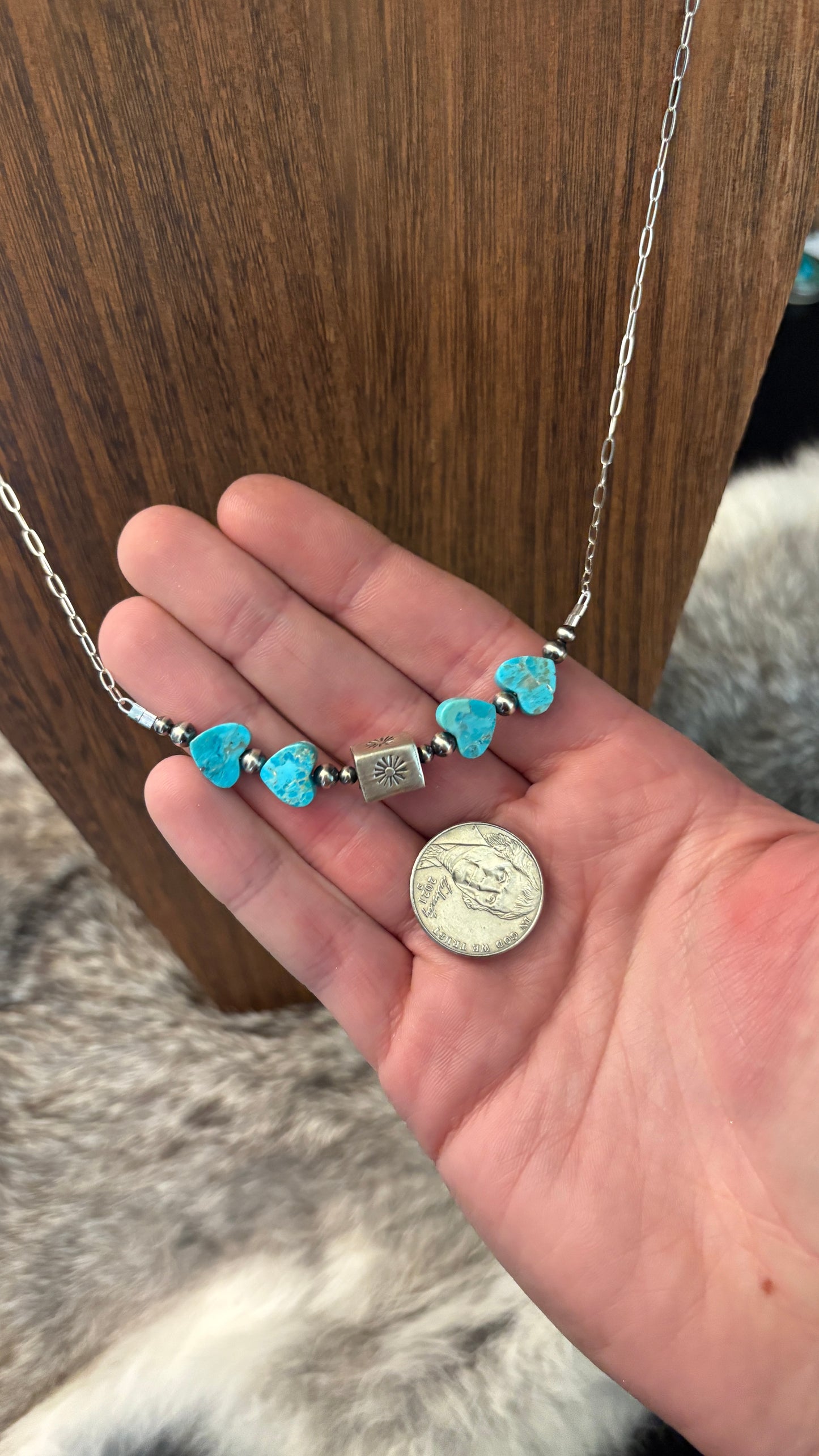 TURQUOISE HEART BARREL BEAD CHAIN NECKLACE