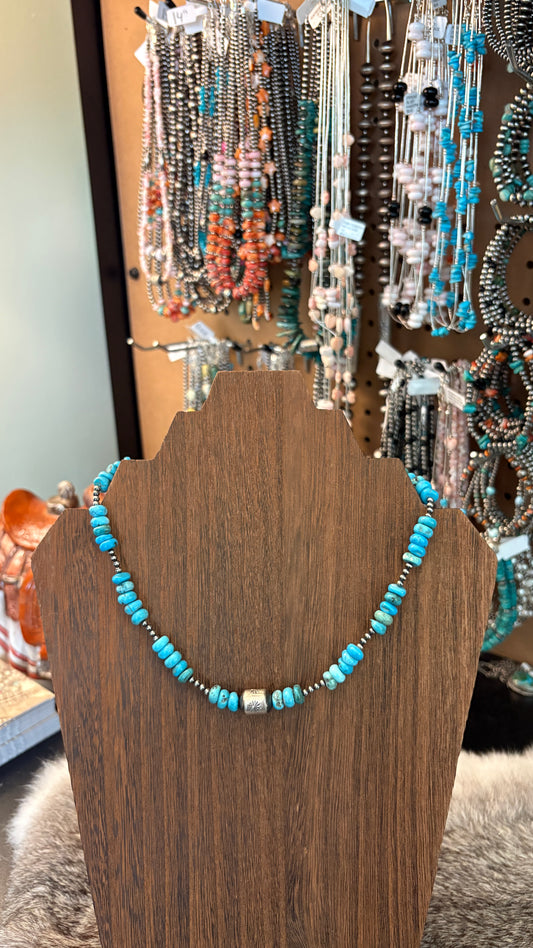 ROYAL BEAUTY TURQUOISE BARREL BEAD STERLING SILVER PEARL NECKLACE