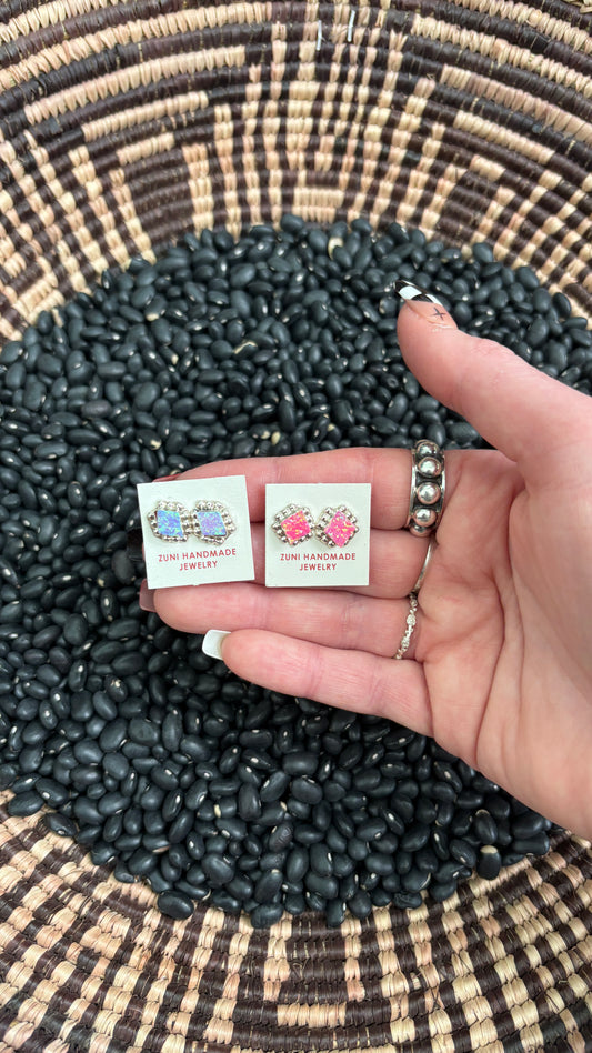 DIAMOND OPAL STUD EARRINGS W BALL DETAIL