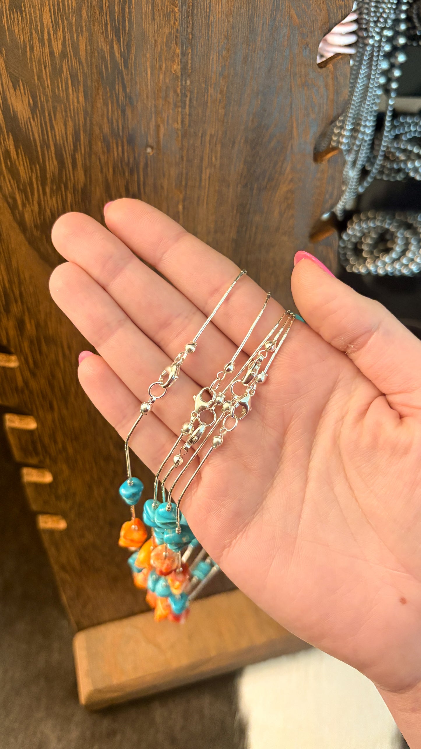 LIQUID SILVER TURQUOISE & SPINY OYSTER CHIP NECKLACE