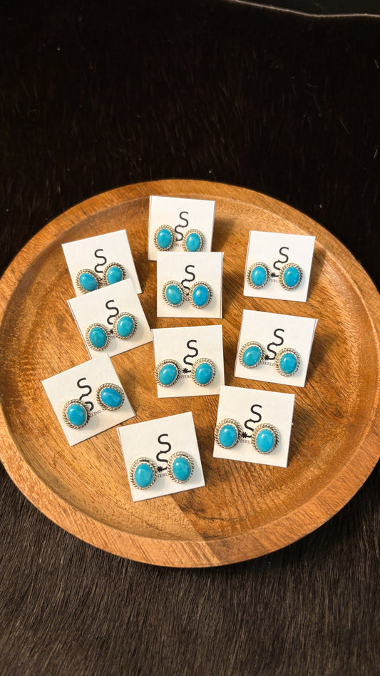 TURQUOISE OVAL STUD EARRINGS W ROPE DETAIL BY PEGGY SKEETS