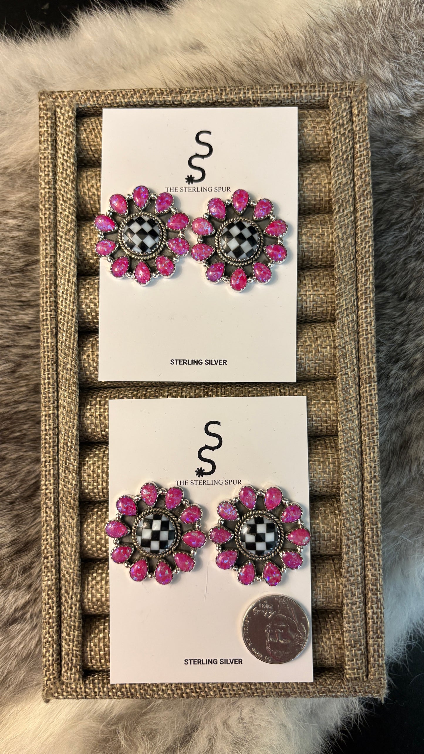HOT PINK OPAL & CHECKERBOARD CLUSTER EARRINGS