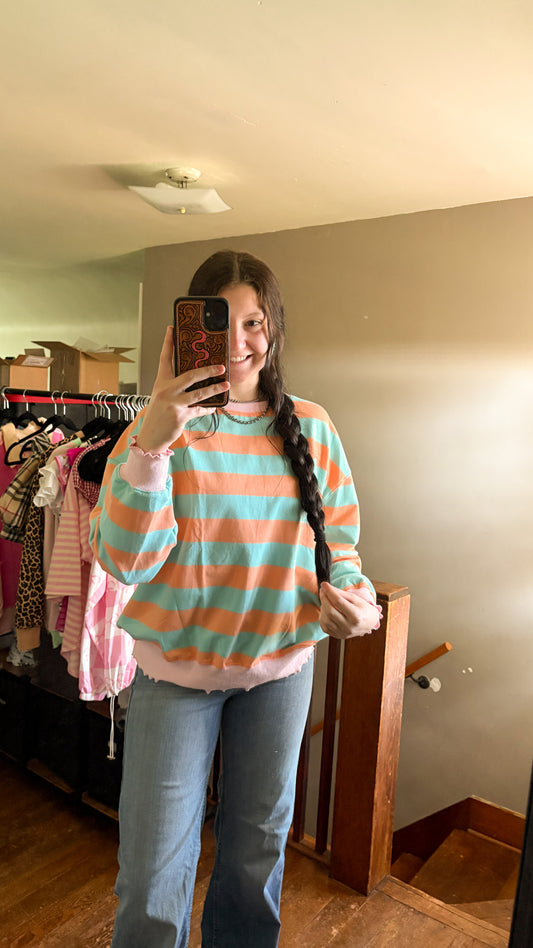 ORANGE & BLUE STRIPED SWEATER W/ LETTUCE DETAIL