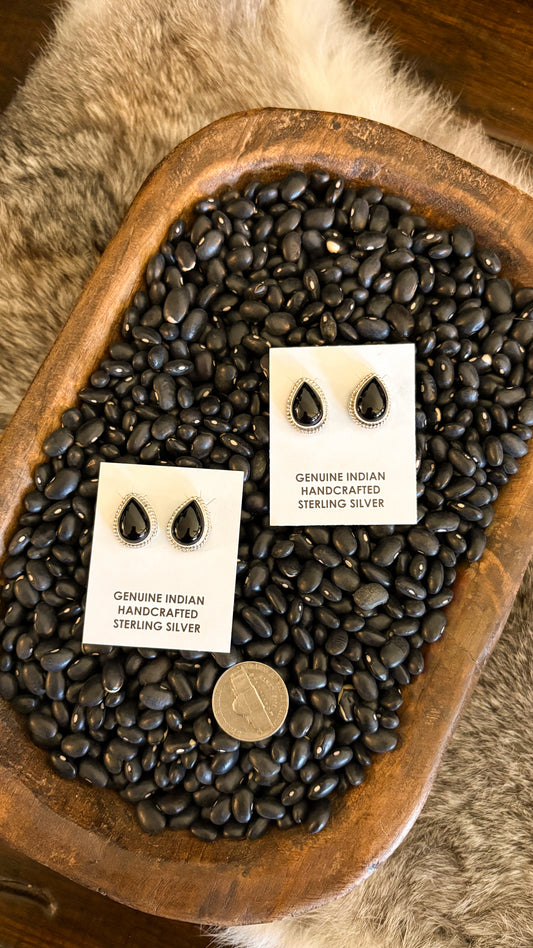 BLACK ONYX TEARDROP STUD EARRINGS