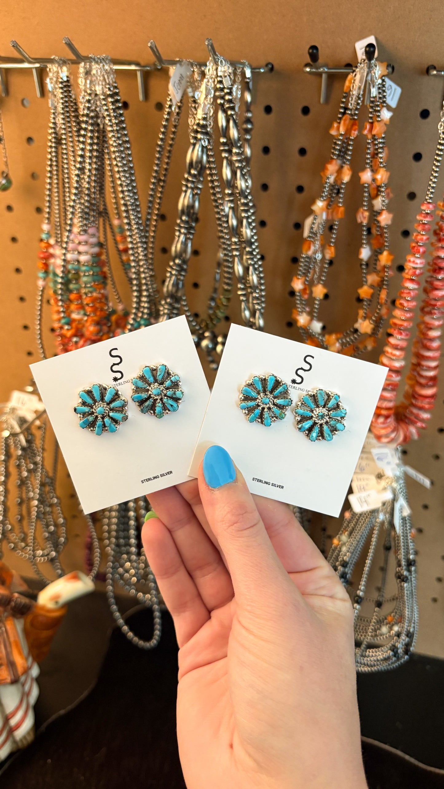 MEDIUM TURQUOISE CLUSTER EARRINGS STAMPED B STERLING