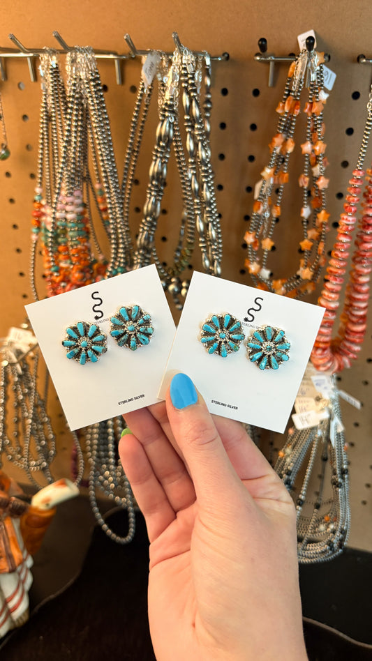 MEDIUM TURQUOISE CLUSTER EARRINGS STAMPED B STERLING