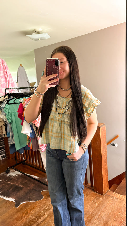 PLAID ORANGE & GREEN SQUARE NECK TOP