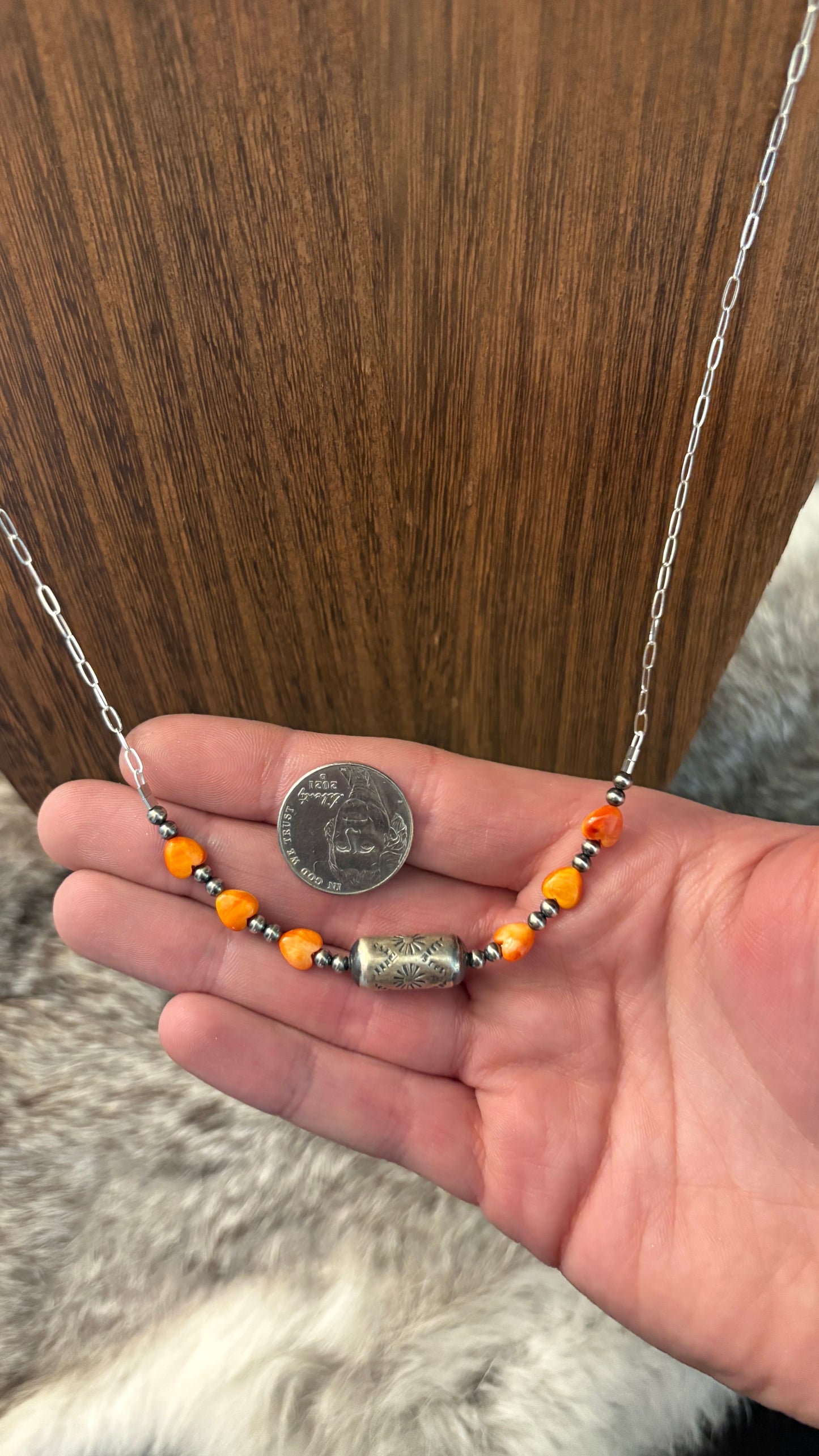ORANGE SPINY HEART BARREL BEAD CHAIN NECKLACE