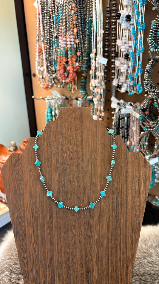TURQUOISE CLOVER STERLING SILVER PEARL NECKLACE