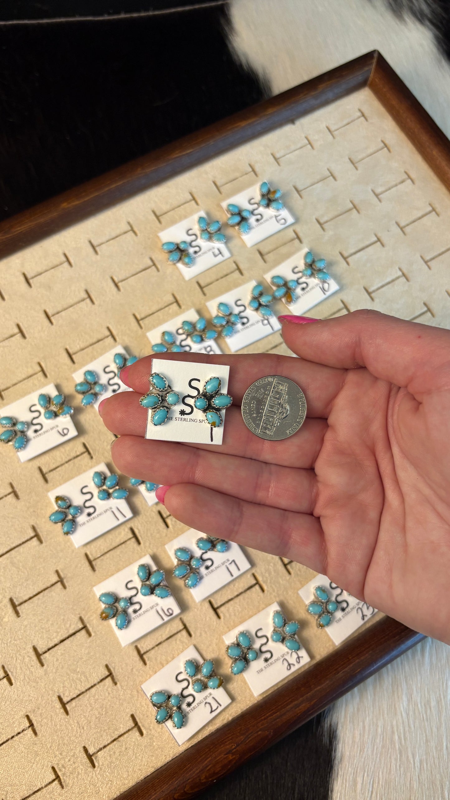 MINI KINGMAN TURQUOISE HALF CLUSTER EARRINGS BY MAXINE RAMIREZ