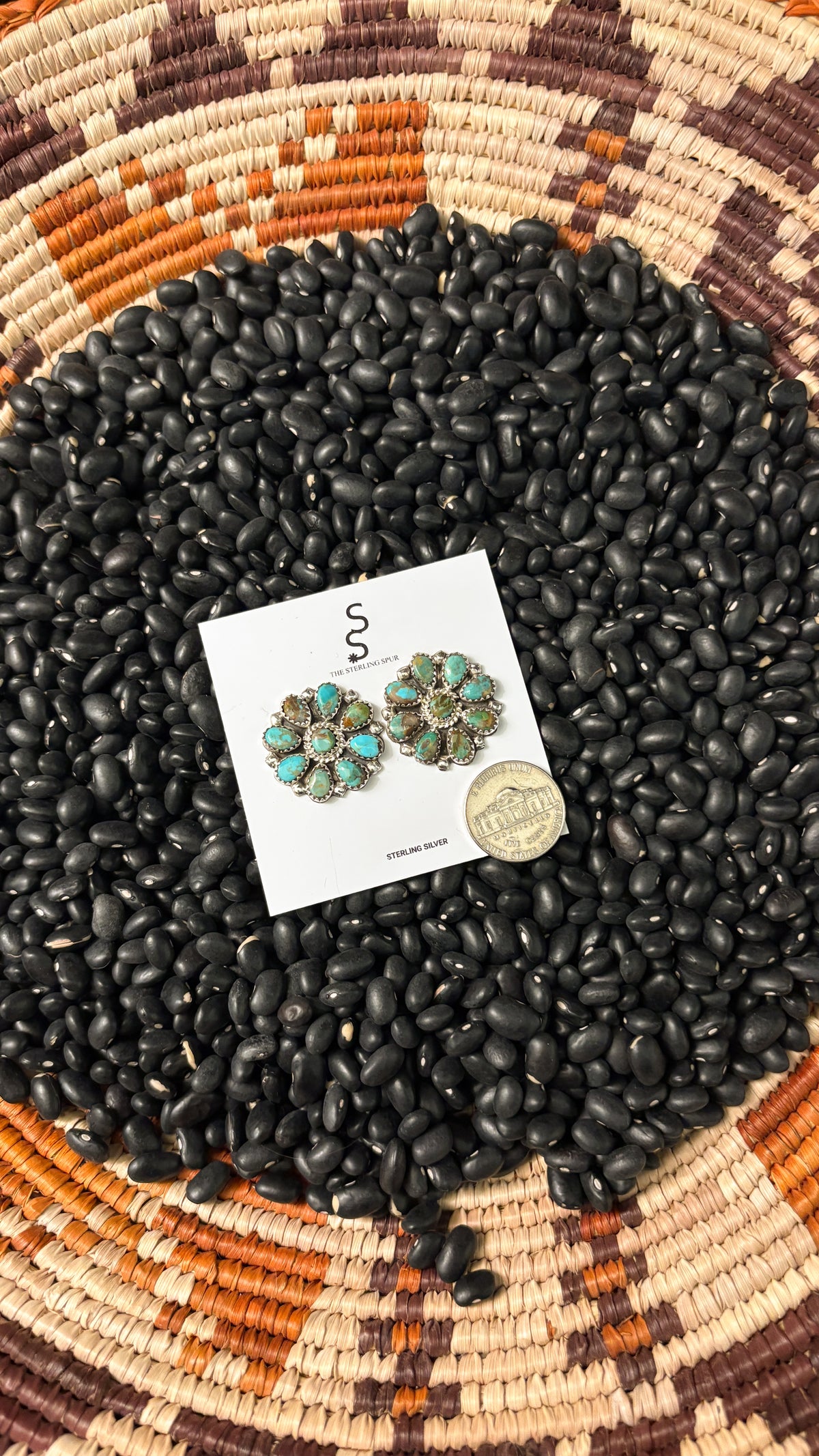 ROUND GREEN TURQUOISE CLUSTER EARRINGS STAMPED DLW STERLING