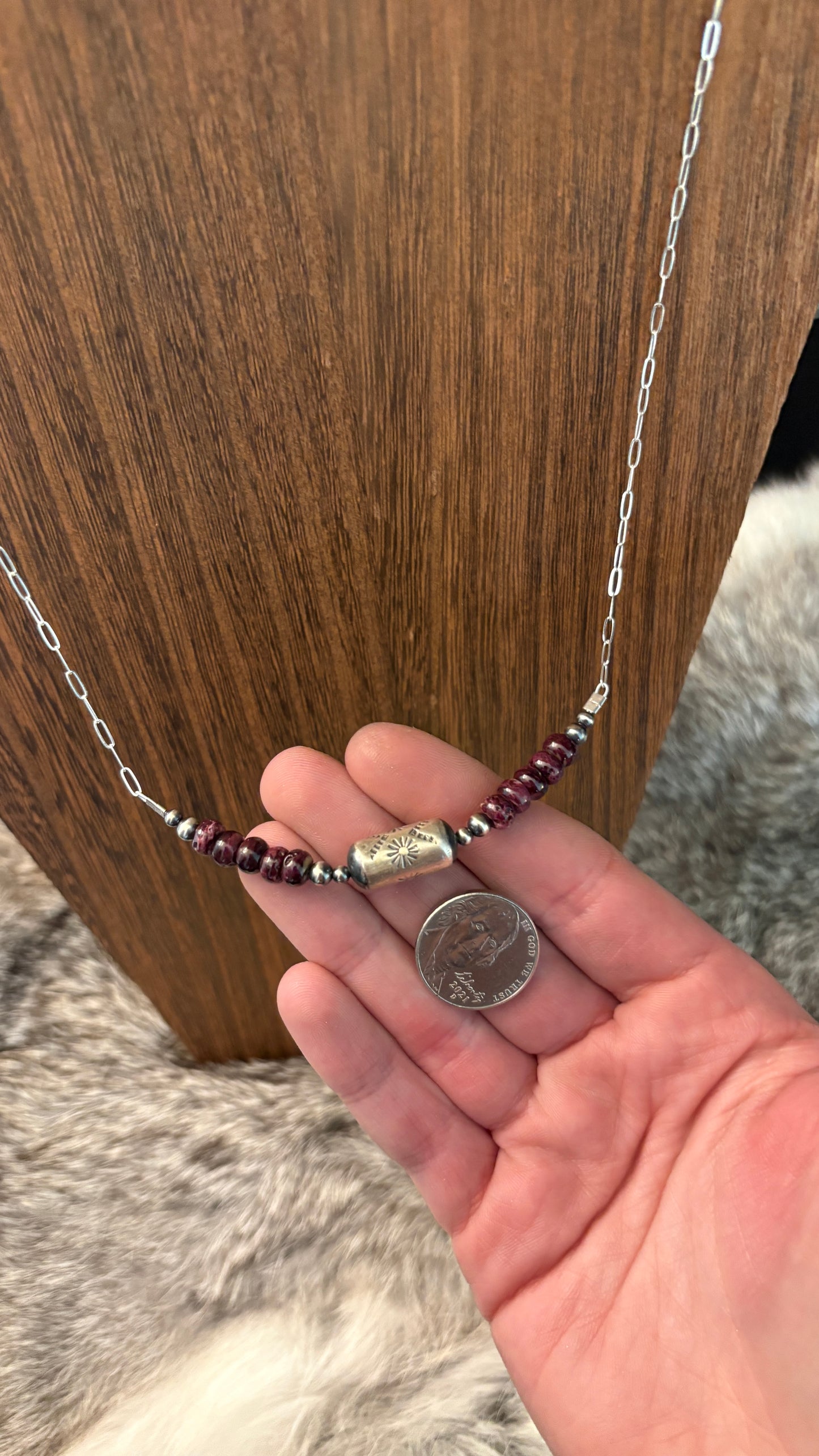 PURPLE SPINY OYSTER BARREL BEAD CHAIN NECKLACE