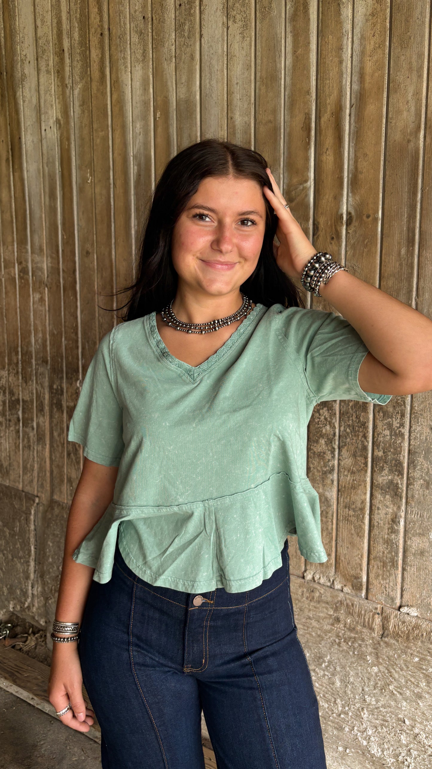 ACID WASH RUFFLE TOP - SAGE