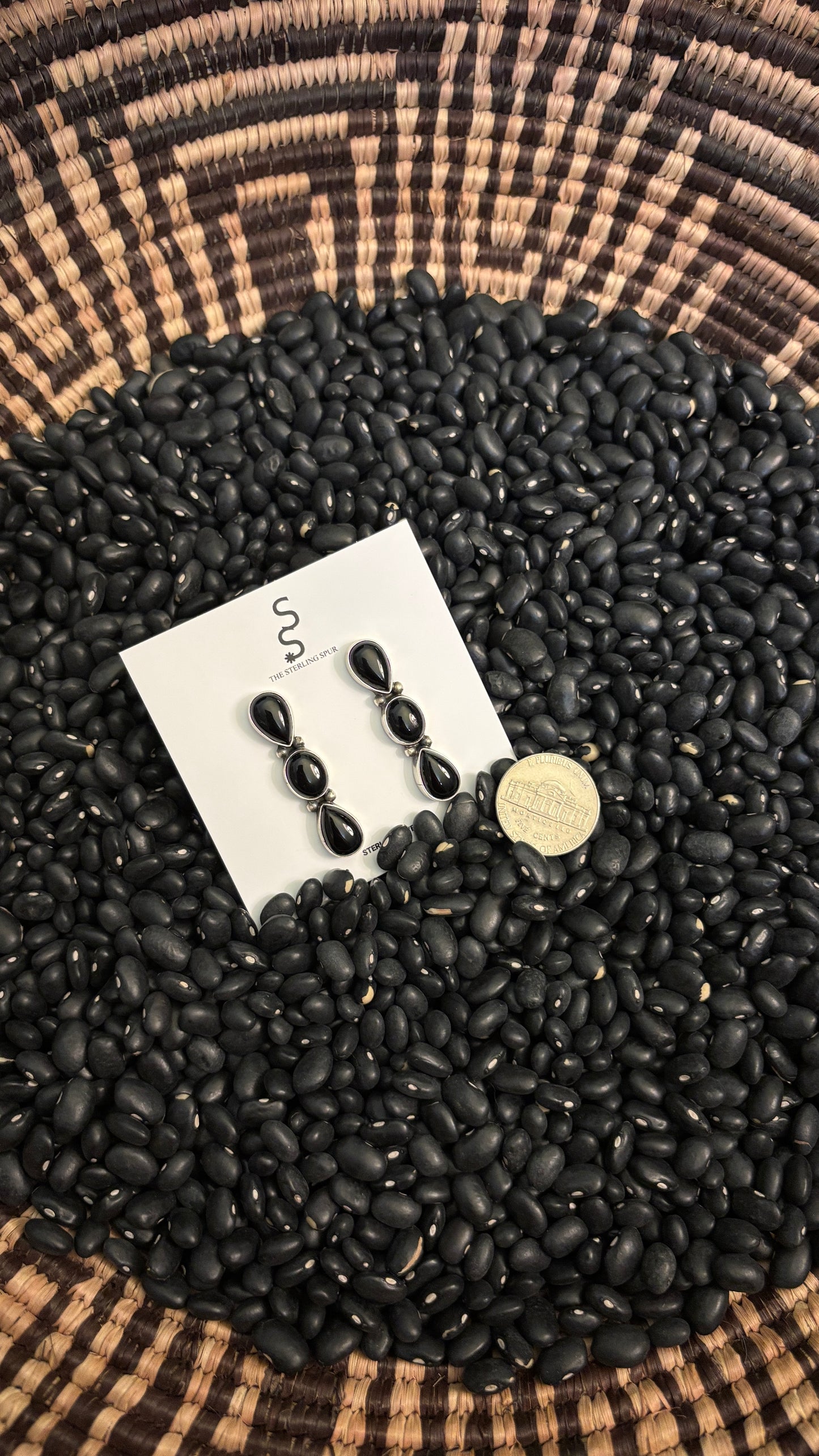 BLACK ONYX TRIPLE STONE STATEMENT EARRINGS BY DAVE SKEETS