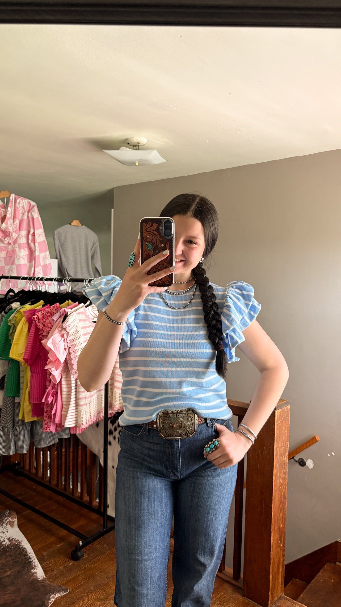 BLUE STRIPED RUFFLE TOP