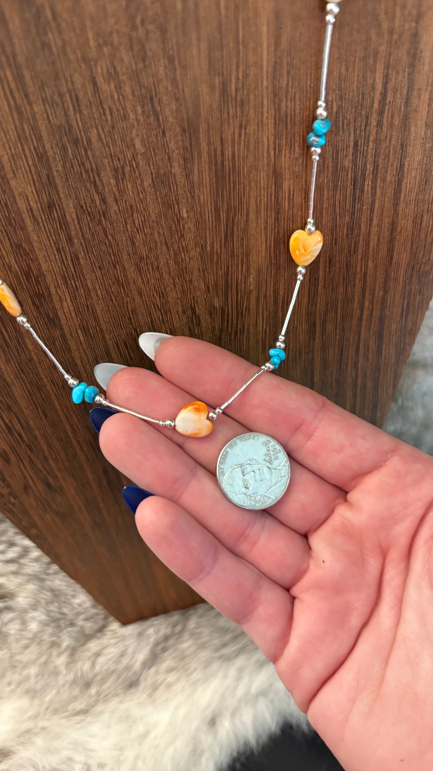 TURQUOISE CHIP & ORANGE SPINY HEART LIQUID SILVER NECKLACE