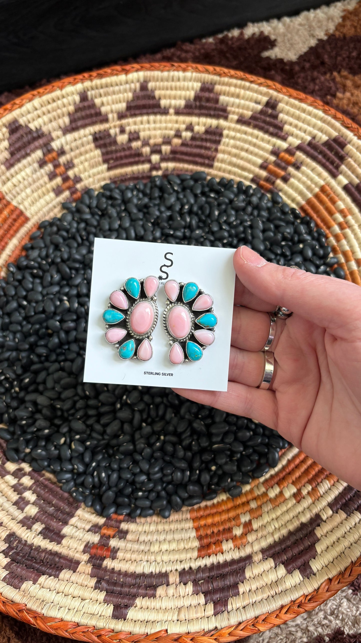 PINK CONCH & TURQUOISE HALF CLUSTER EARRINGS BY MARCELLA JAMES
