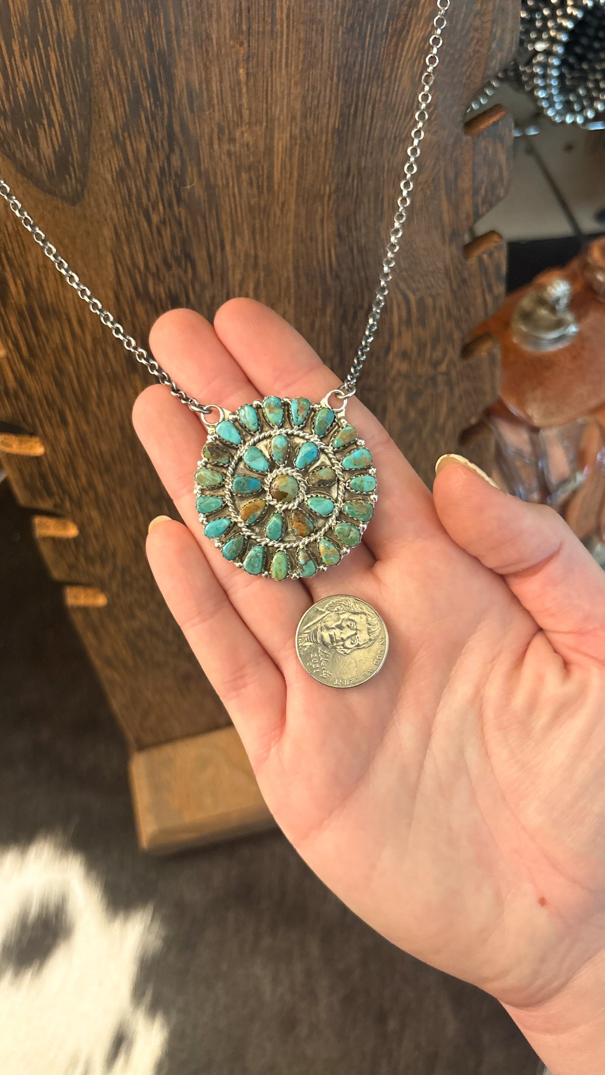 ROUND GREEN TURQUOISE CLUSTER NECKLACE STAMPED B STERLING