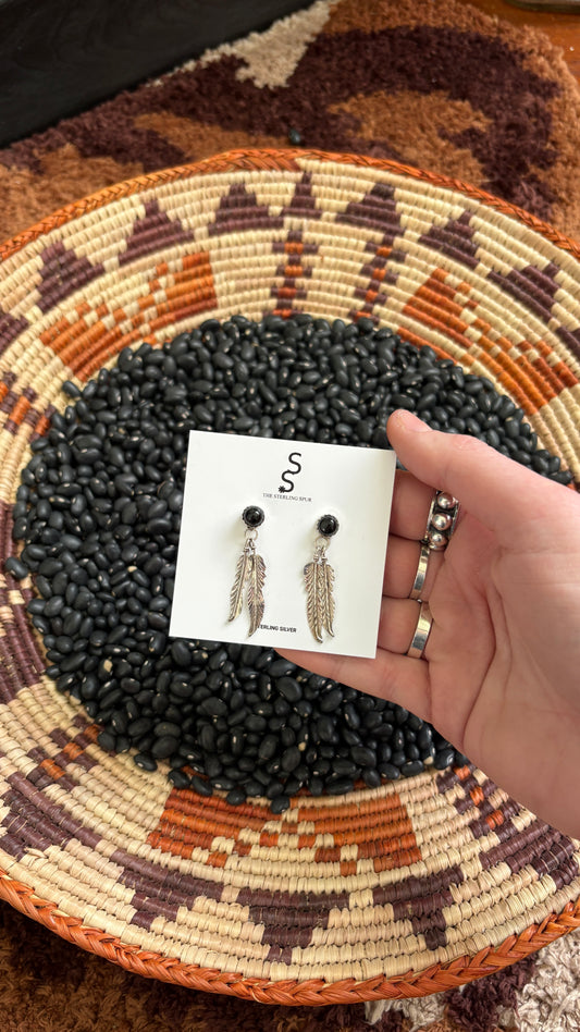 SINGLE STONE BLACK ONYX FEATHER DANGLE EARRINGS