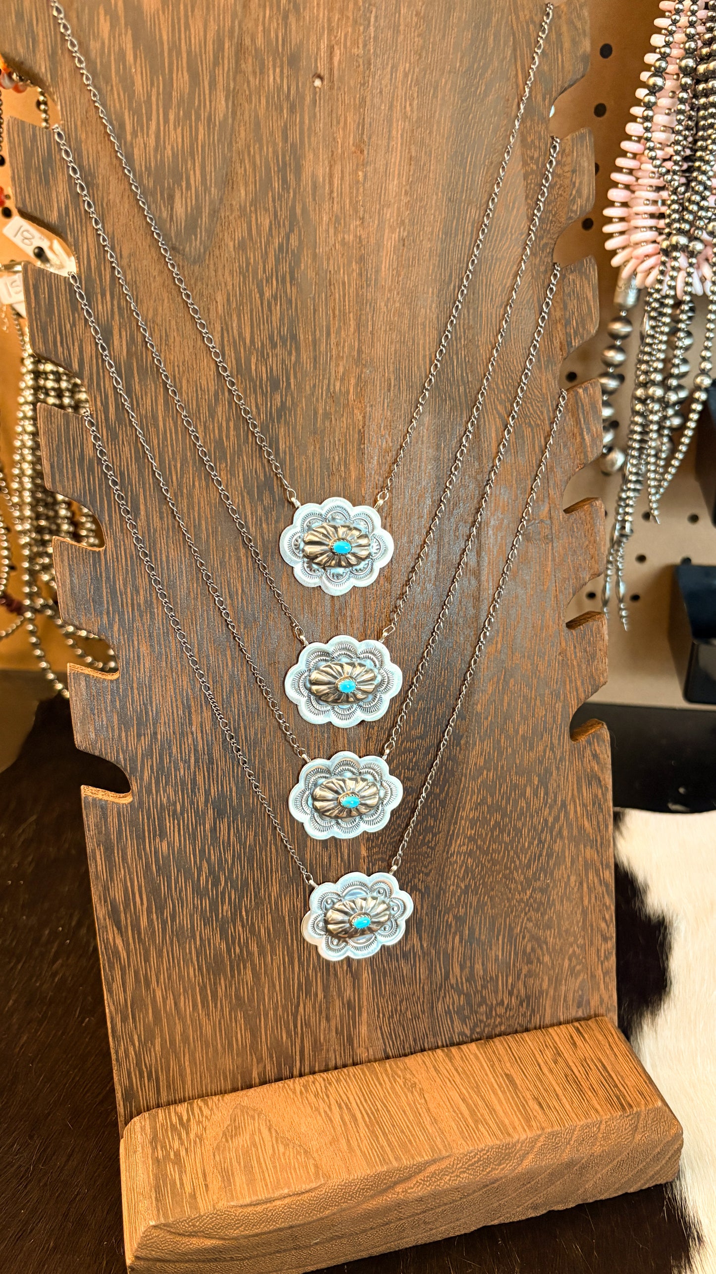 CONCHO NECKLACE W TURQUOISE STONE BY LAVINA BENALLY