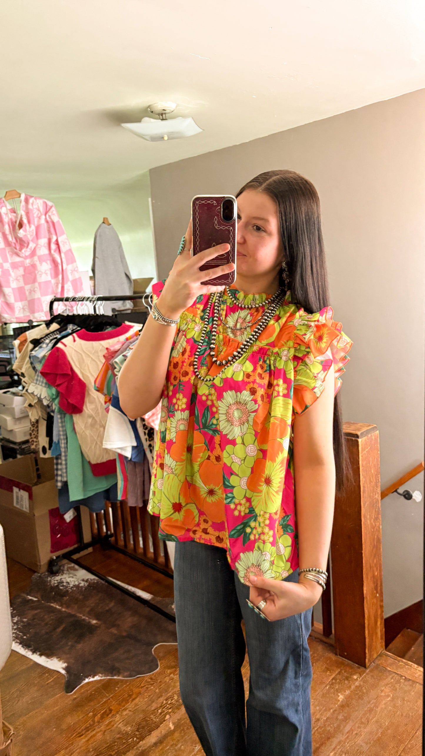 NEON FLORAL RUFFLE BLOUSE