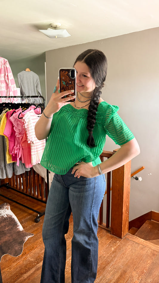 STRIPED PUFF SLEEVE TOP - GREEN