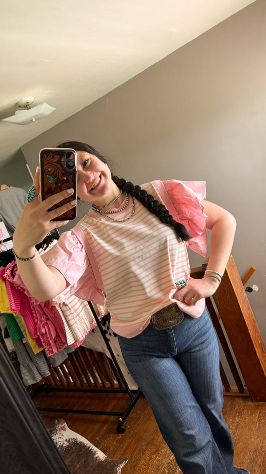 PINK & CREAM STRIPED BUBBLE SLEEVE TOP