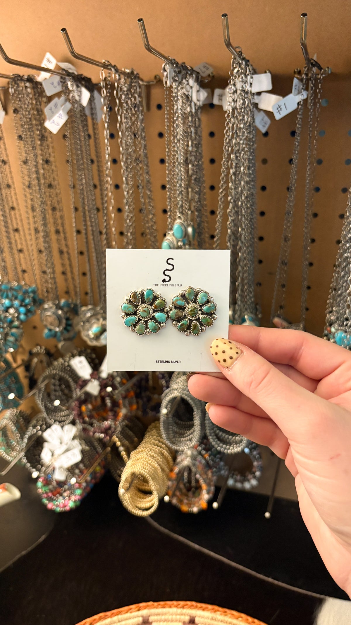 ROUND GREEN TURQUOISE CLUSTER EARRINGS STAMPED DLW STERLING