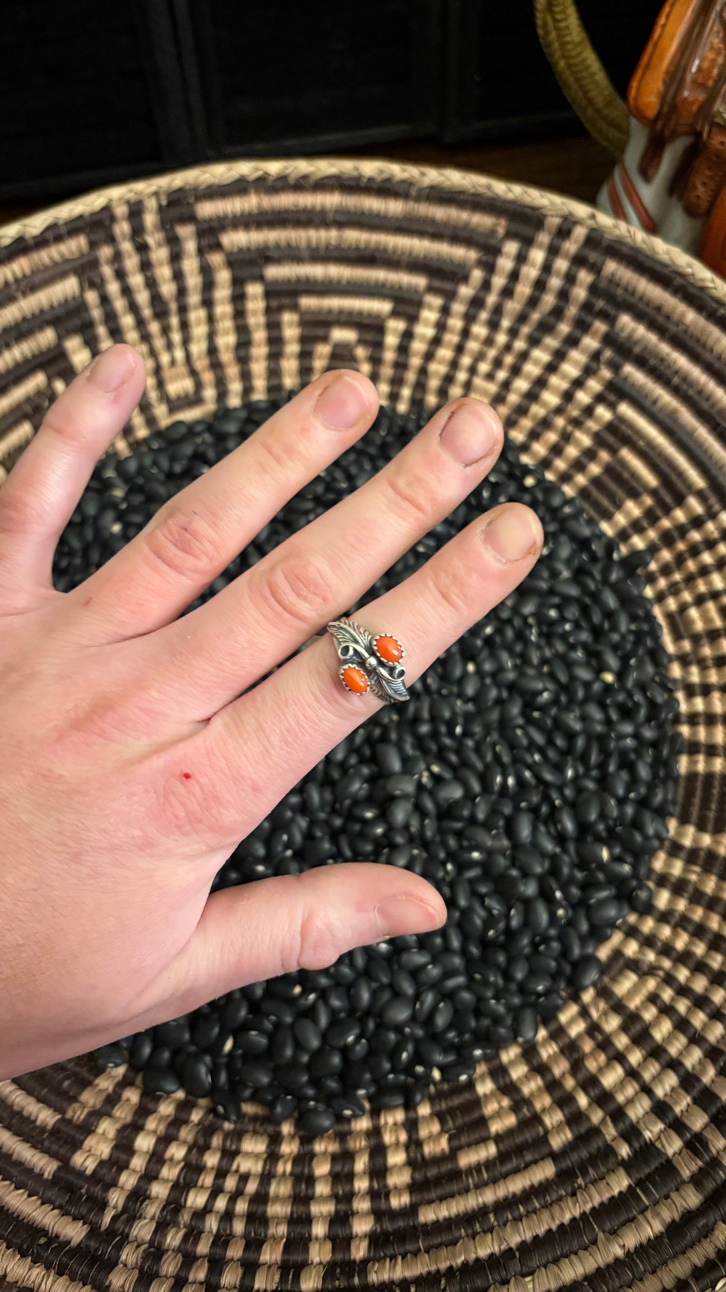 DOUBLE STONE CORAL FEATHER RING BY HARRY B. YAZZIE