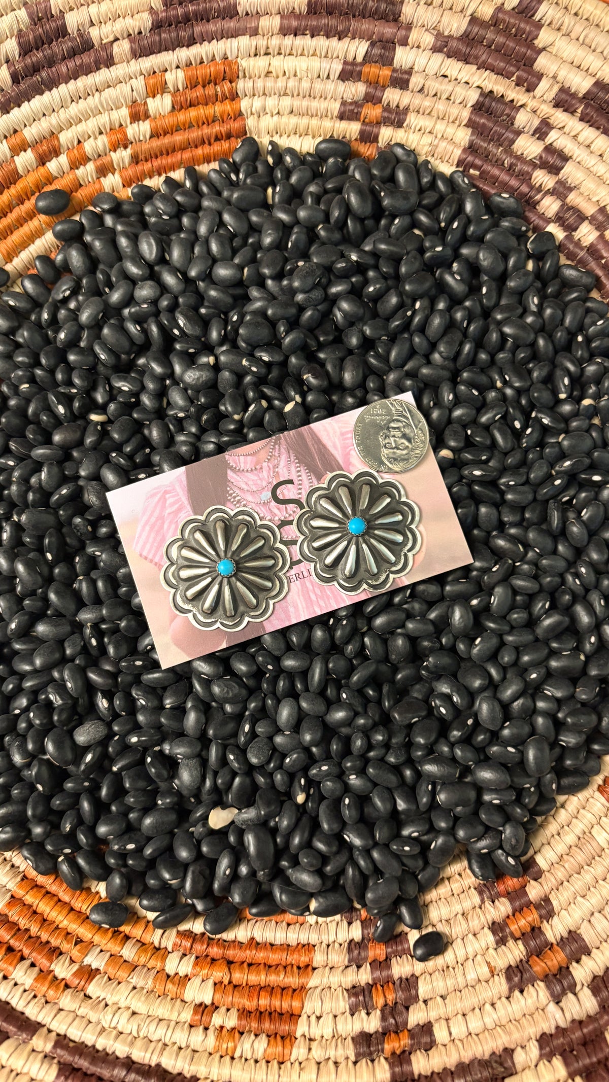 XL ROUND CONCHO EARRINGS W TURQUOISE STONE STAMPED L TAHE STERLING