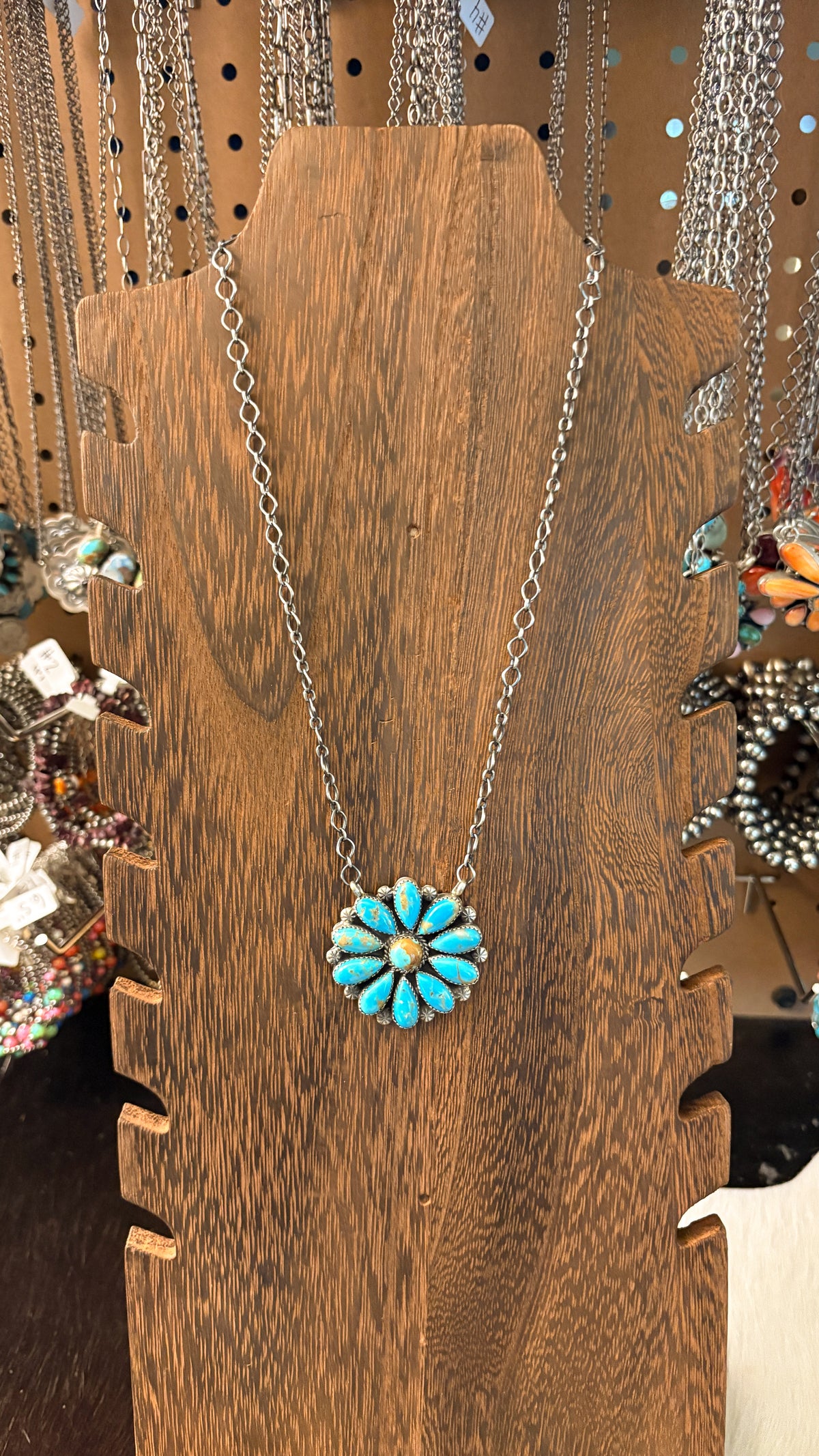 ROUND TURQUOISE CLUSTER NECKLACE STAMPED T STERLING