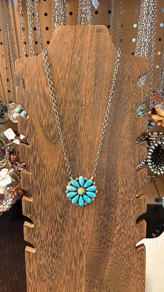ROUND TURQUOISE CLUSTER NECKLACE STAMPED T STERLING
