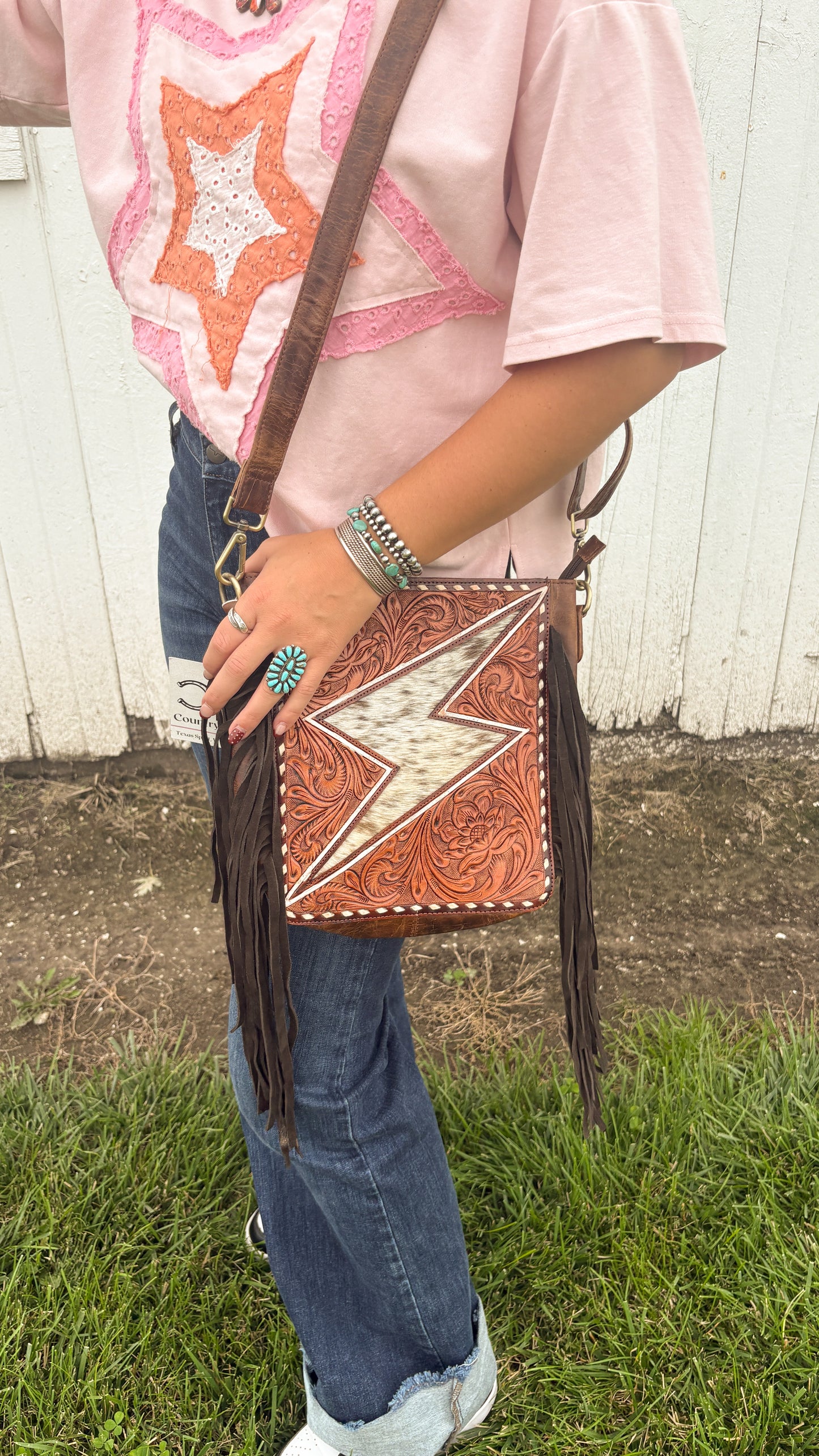 COWHIDE & LEATHER TOOLED LIGHTNING BOLT CROSSBODY BAG - #2
