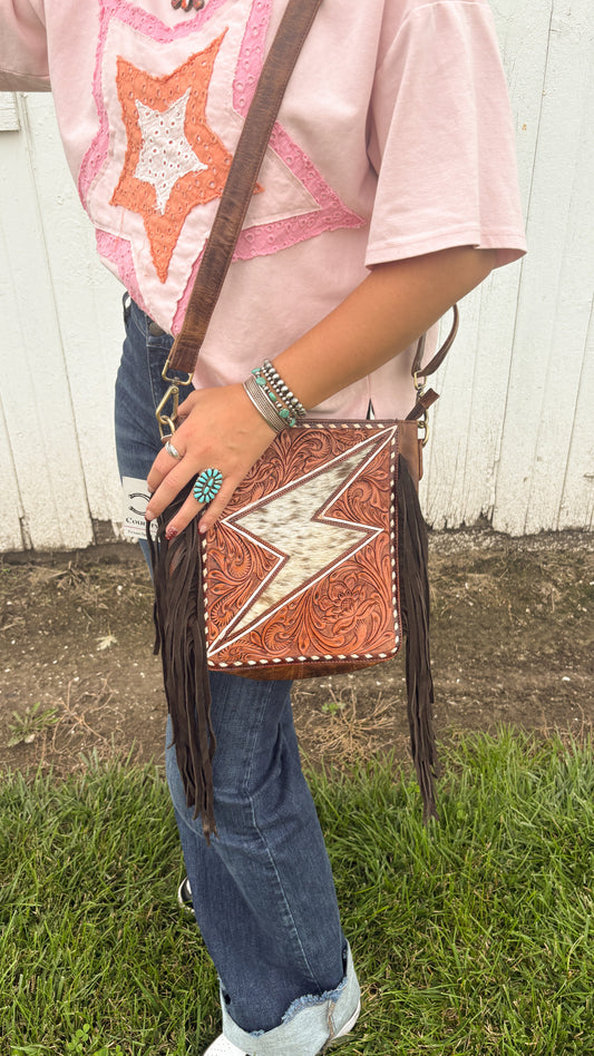 COWHIDE & LEATHER TOOLED LIGHTNING BOLT CROSSBODY BAG - #2